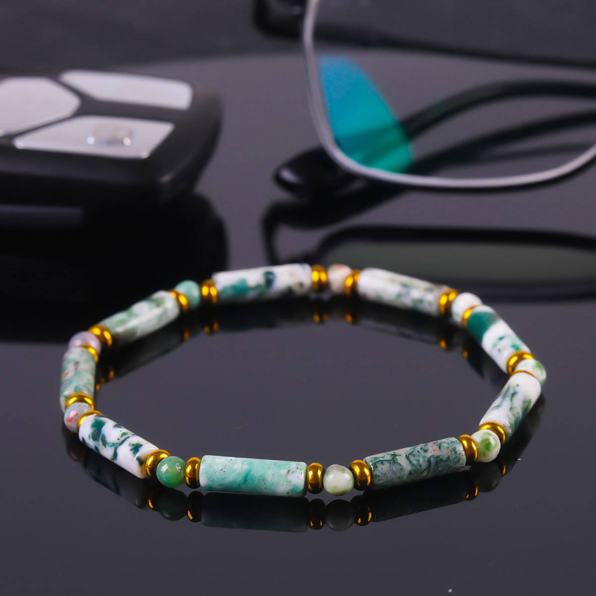 Moss Agate Tube Beaded Bracelet, Wealth Attraction